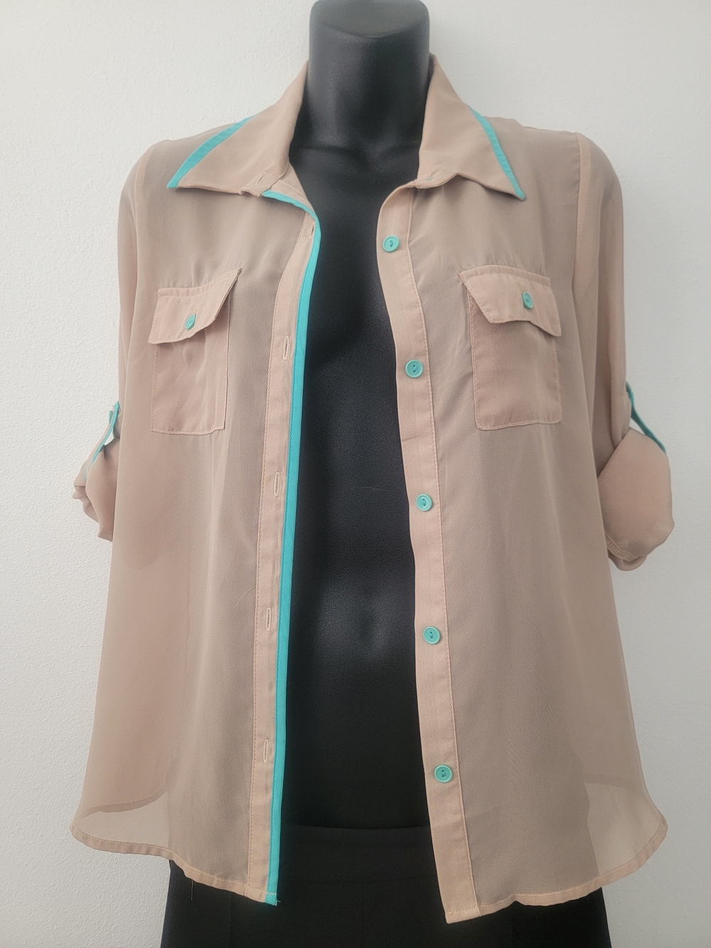 Beige Sheer Button-Up Top with Turquoise Trim - Women